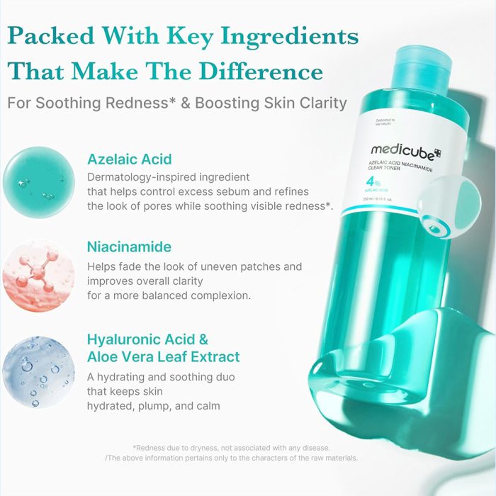 تونر آزلائیک اسید و نیاسینامید مدی کیوب ضدالتهاب، قرمزی و روشن کننده پوست